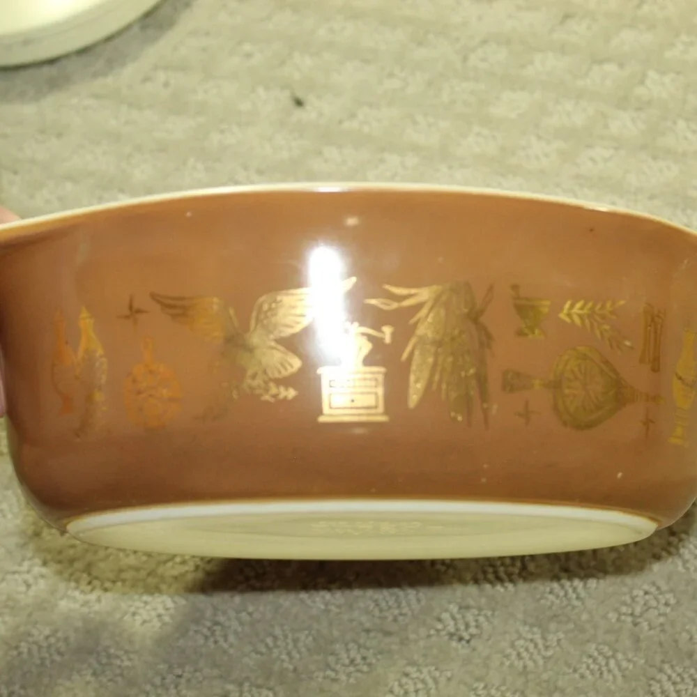 Vintage Pyrex - 3 pc Brown Early American Oval Casserole 043 1.5 QT. w Lid /473